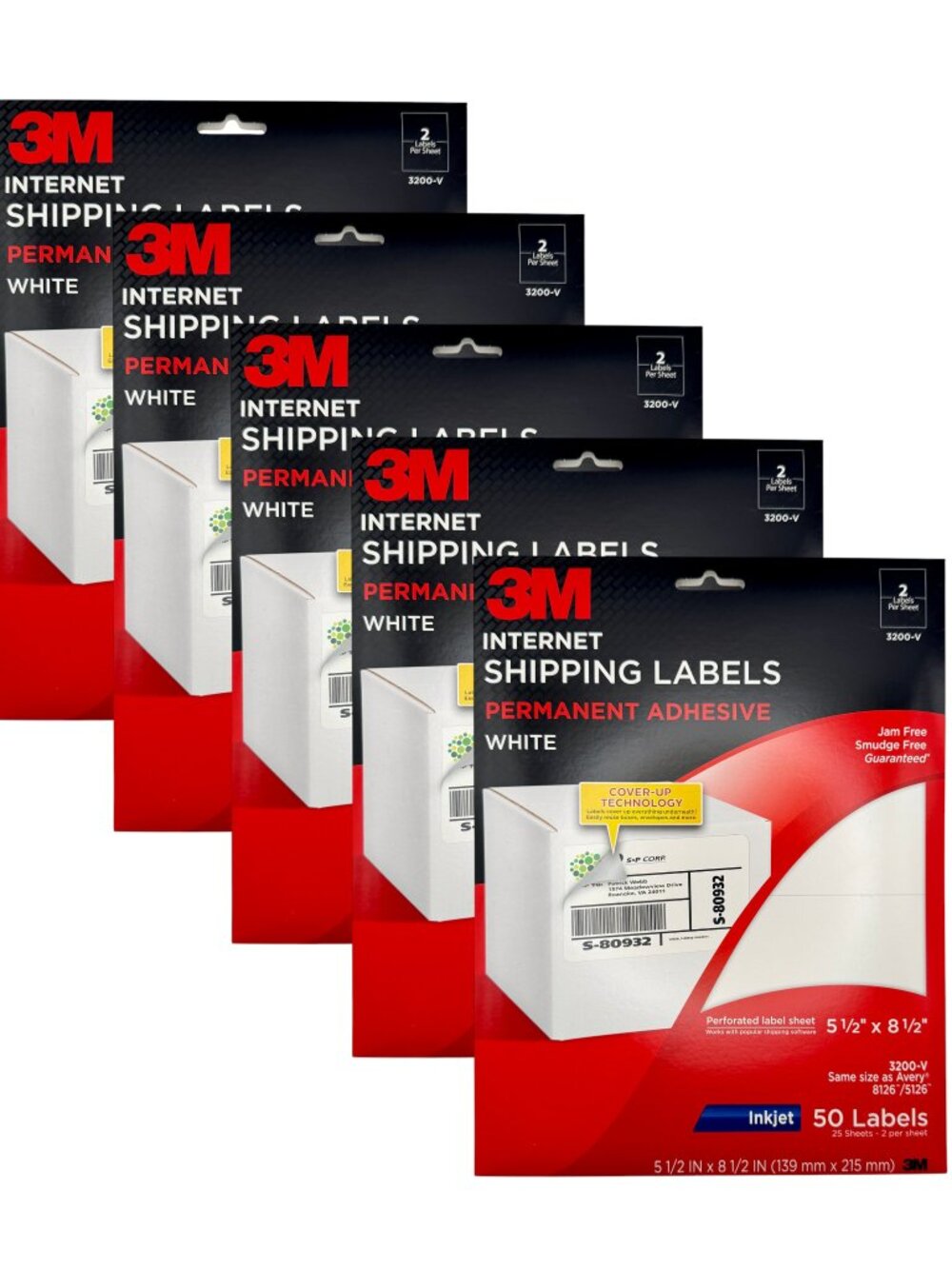 5 Pack 3M Inkjet Shipping Labels 3200-V 5.5" x 8.5" Half Sheet -50 Labels Each